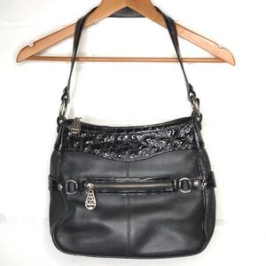 Brighton Black Patent Pebble Leather Shoulder Bag Purse Red Silver Embossed